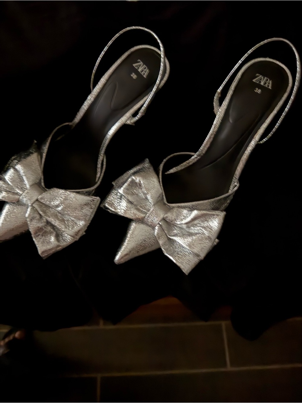 Zara Metallic Silver Pointed Slingback Heels with Bow